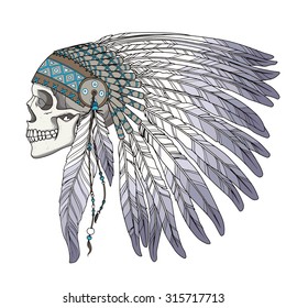 Skull In Native American Indian Chief Headdress
