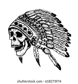 skull in native american indian chief headdress. Design element for poster, t-shirt. Vector illustration.