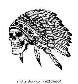 skull in native american indian chief headdress. Design element for poster, t-shirt. Vector illustration.