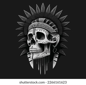  Skull of Native American Indian warrior vector illustration. War paint and native american feathers headwear. Isolated on black.