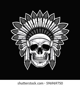 Skull of Native American Indian Warrior. Black Background Vector