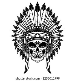 Skull in native american indians headdress. Design element for poster, card, banner, sign, t shirt. Vector illustration