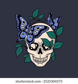 Skull with nature, butterfly and leaves. Life and death concept. Creepy horror skeleton head in vintage retro style. Dia de los Muertos and Halloween decoration. Hand-drawn vector illustration