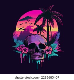 Skull and neon city, palm. Retrowave style