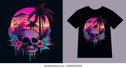 Skull and neon city, palm. Retrowave style