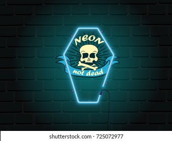 Skull in neon coffin logo. Neon not dead lettering on brick wall.