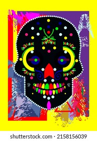 Skull neon colors. Skeleton with vivid background and colorful dots, vector background 