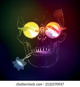 Skull in neon light. Skull in glasses with a flower in its teeth. Vector.