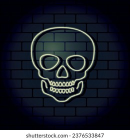 Skull neon on brickwall background. Vector illustration