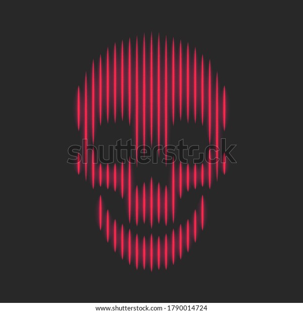 Skull neon red\
bright lines fashion print t-shirt emblem, death mask sticker,\
striped shape dark\
background