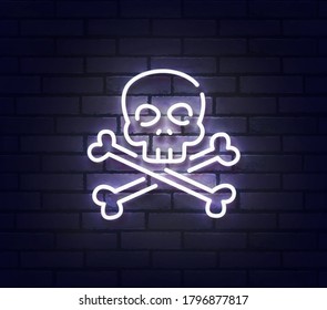 Skull neon sign. Sign of skull with colorful neon lights isolated on brick wall. Vector illustration