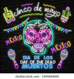 Skull neon sign. Day of the Dead Dia de Muertos . Neon sign, bright signboard, light banner. Cactus in sombrero in neon style