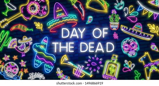 Skull neon sign. Day of the Dead Dia de Muertos . Neon sign, bright signboard, light banner.