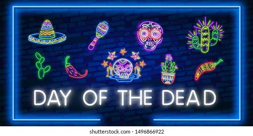 Skull neon sign. Day of the Dead Dia de Muertos . Neon sign, bright signboard, light banner.