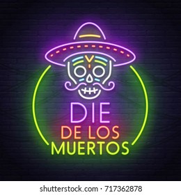 Skull neon sign. Day of the Dead(Dia de Muertos). Neon sign, bright signboard, light banner. 