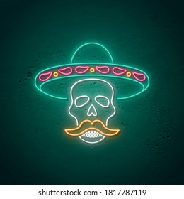 Skull neon sign. Glowing neon design for Day of the Dead (Dia de Muertos). Skull in sombrero. Vector illustration.