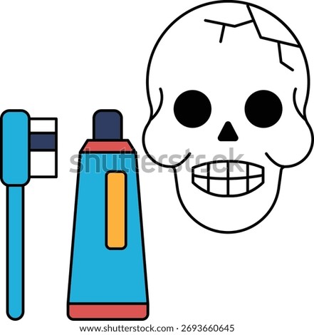 A skull is next to a toothbrush and a tube of toothpaste. The skull is smiling, which is a bit odd
