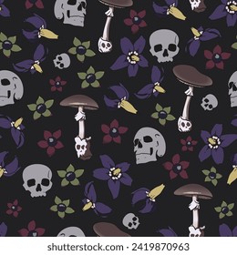 Skull Nightshade Death Cap Mushroom Vector Pattern Gothic Cottagecore