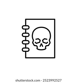 Skull notebook icon. Minimalistic icon of a notebook featuring a skull on the cover. Ideal for education, archaeological reports, scientific studies, or historical content. Vector illustration