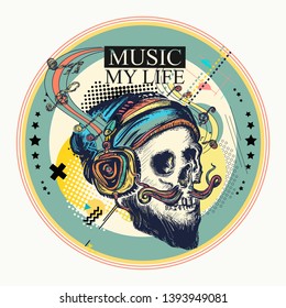 Skull and notes. Music my life slogan. Zine culture style. Hand drawn vector art, fashion contemporary collage 