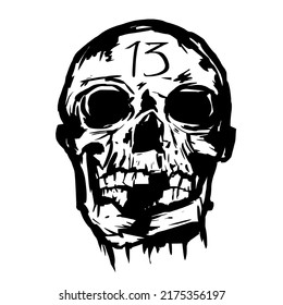 Skull with the number 13. The idea for a tattoo. Vector linear illustration.