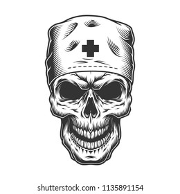 Skull in nurse hat. Vintage vector illustration