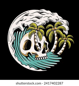 skull with ocean wave, skull illustration, summer illustration, skull surfing
