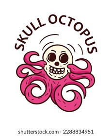 Skull octopus concept. Skeleton head with tentacles and text. Sticker for social networks and messengers. Symbol of Halloween and Mexican Day of Dead. Cartoon flat vector illustration