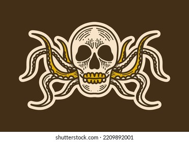 skull with octopus legs vintage retro art illustration design