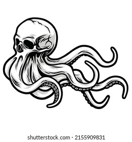 Skull Octopus Tentacles Kraken Sea Monster Squid Illustration, Octoskull Premium Vector Art Drawing