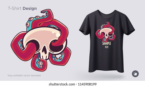 Skull with octopus t-shirt design. Print for clothes, posters or souvenirs. Vector illustration