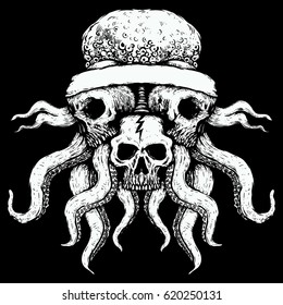 skull octopus white with black background drawing