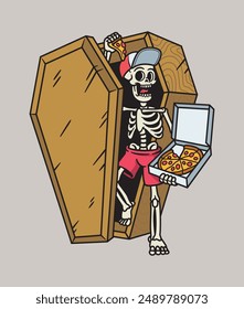 Skull offers pizza from a coffin illustration