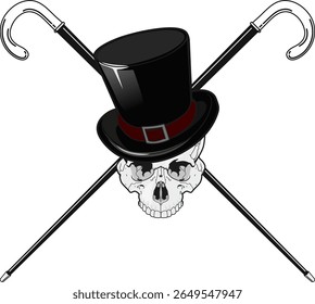 skull in old fashioned top hat with crossed walking sticks isolated on white background