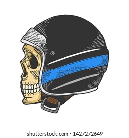 Skull in old motorcycle helmet color sketch engraving vector illustration. Scratch board style imitation. Hand drawn image.