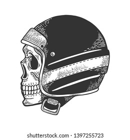 Skull in old motorcycle helmet sketch engraving vector illustration. Scratch board style imitation. Hand drawn image.