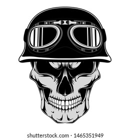 Skull in an old motorcycle helmet. Vector image on white background.