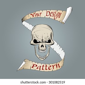 Skull and old paper tape. Figure looks like a hand drawn. Every elements of the picture divided between layers. Easy to edit