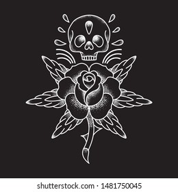 Skull Old School with symmetric rose. Tattoo design for t-shirts, banners, poster, logos. Inspired by the traditional flash. Granulated effect with minimalist lines.