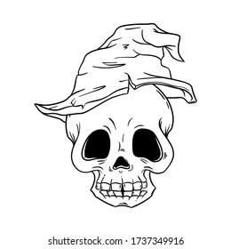 Skull in old witch hat hand drawn art for Day of the dead, Dia de los Muertos traditional Mexican party, Halloween, rock or gothic print, evil face, horror graphic, pirate pattern, tattoo illustration