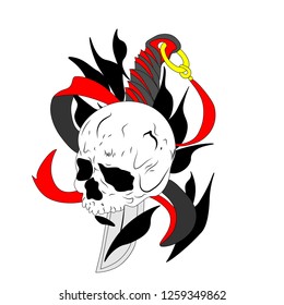 Skull on a background of black petals and dagger