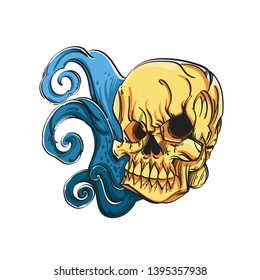 Skull on a background of curls on a white background.