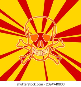 Skull on a background of red flash explosion radial lines. The large orange symbol is located in the center of the sun, symbolizing the sunrise. Vector illustration on yellow background