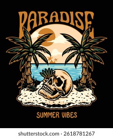 Skull on the beach with beautiful sunset vector retro illustration. Summer vector illustration on isolated object.
