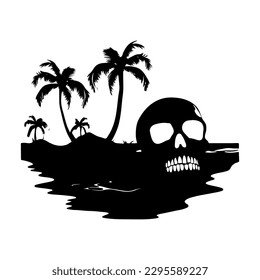 Skull on the beach, palm tree, summer vacation. Black and white illustration. Vector on white isolated background. Good for packaging, logo, and decor.