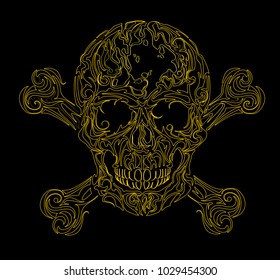 Skull on black background, warning sign. Gold scull.