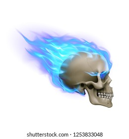 Skull on Blue Fire with Flames. Illustration of Speeding Flaming Skull from the Side on White