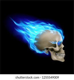 Skull on Blue Fire with Flames. Illustration of Speeding Flaming Skull from the Side on Black
