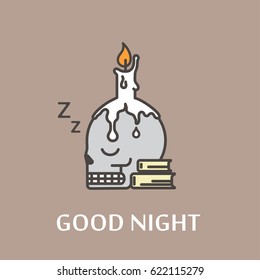 skull on books with candle. Vector single isolated icon. EPS 10. Isolated object.