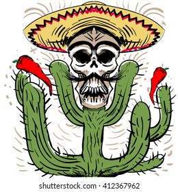  skull on a cactus with a sombrero and red peppers made in vector